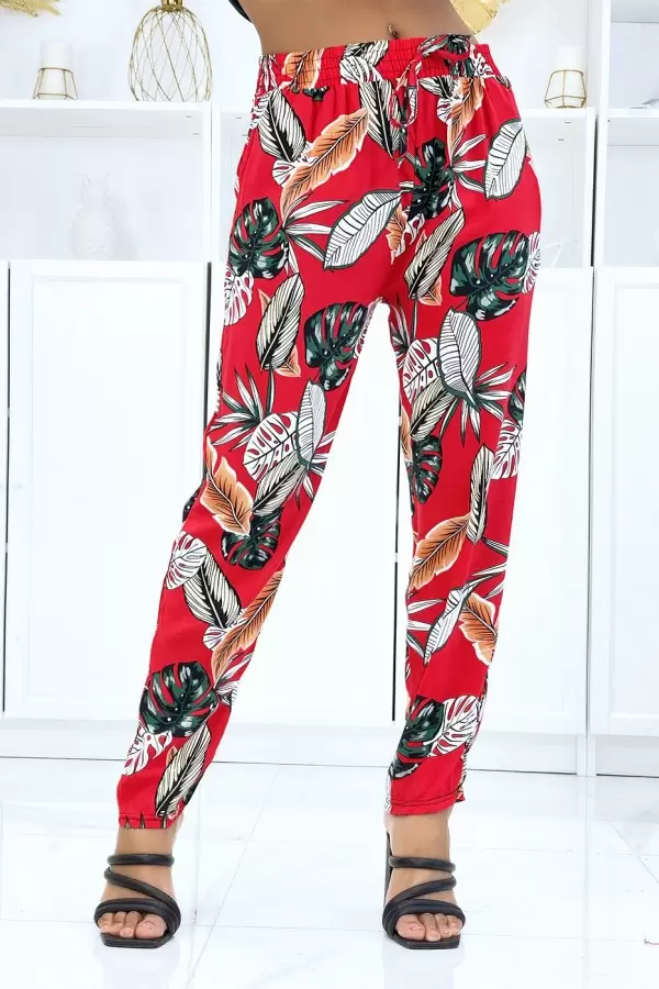 Pantalón rojo estampado, cintura elástica - Talla única