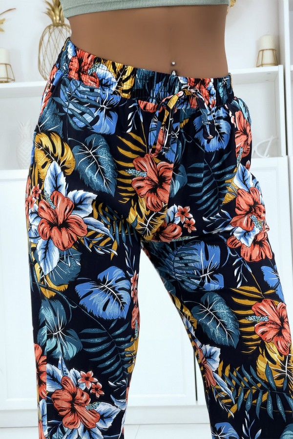 Pantalon fluide marine à motif floral B-29 - 3