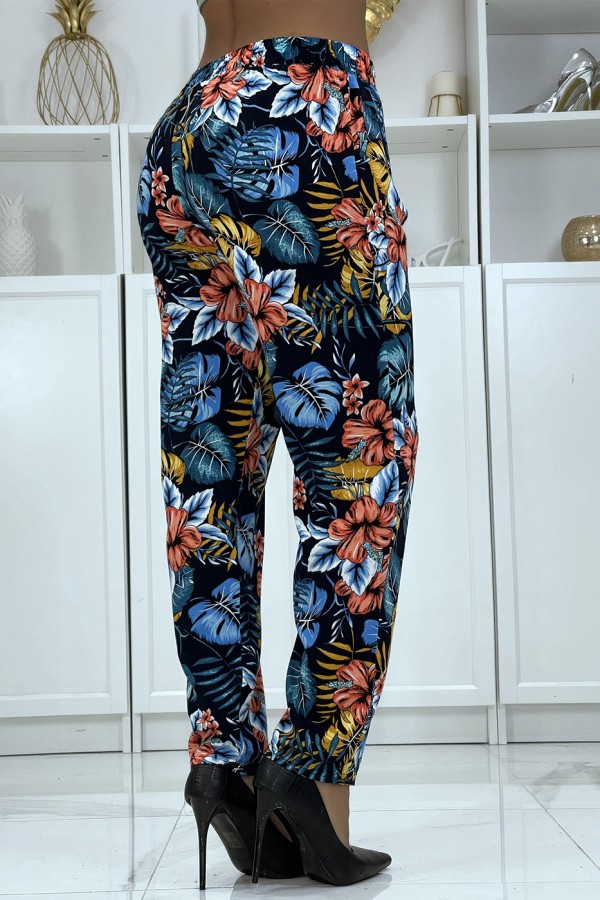 Pantalon fluide marine à motif floral B-29 - 4