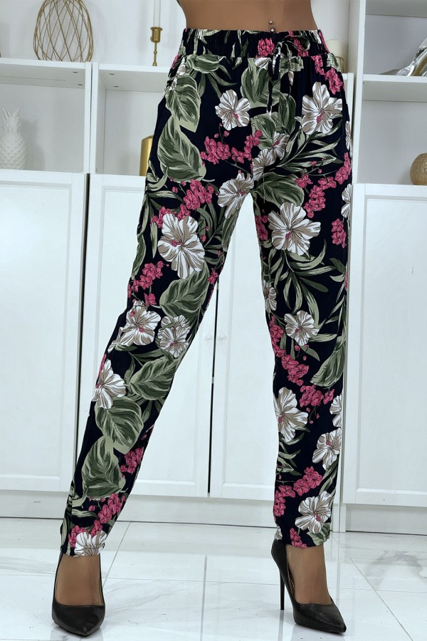 Pantalon fluide marine à motif floral B-21 - 1