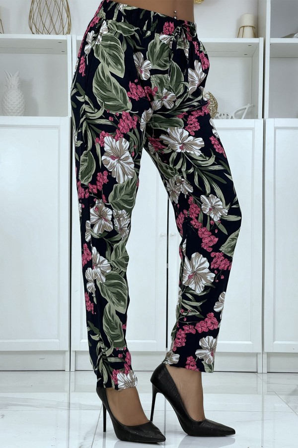 Pantalon fluide marine à motif floral B-21 - 2