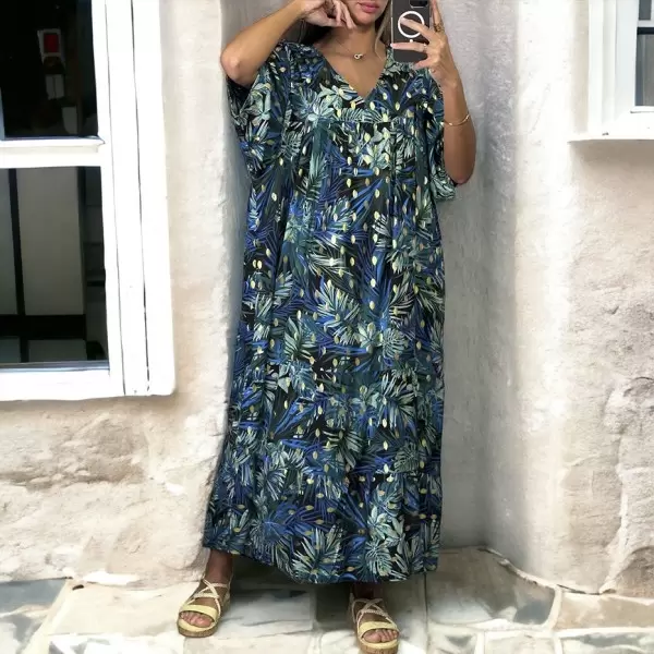 Robe longue over size royal et doré à motif fleuris