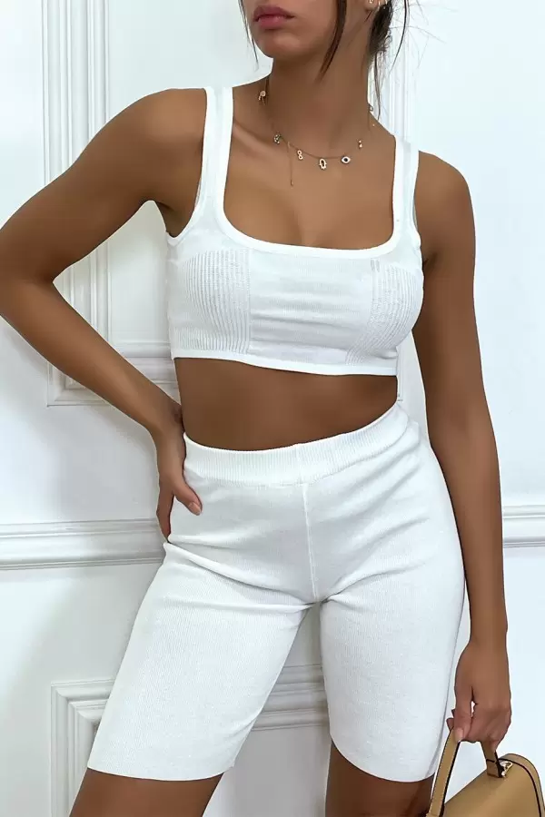 White Crop Top and White Mesh Biker Shorts Set