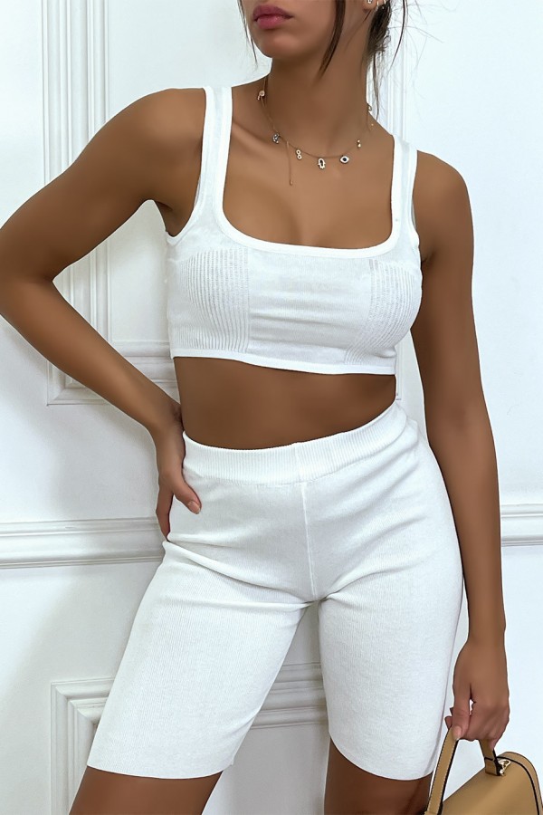 Ensemble blanc crop top et cycliste blanc en fine maille - 4