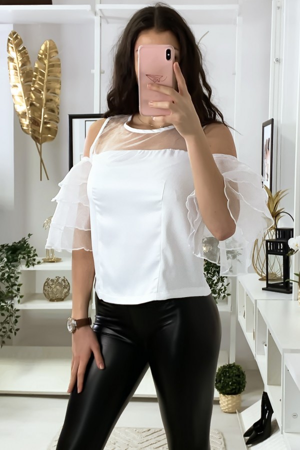 Top blanc satiné avec manches volante et buste en tulle - 3