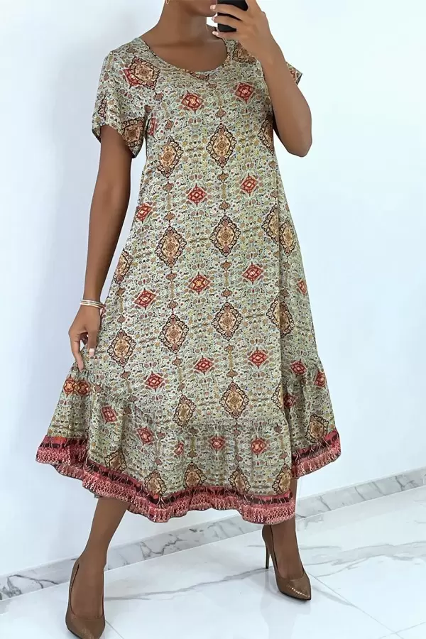 Robe longue vert à manches courtes et imprimé coloré