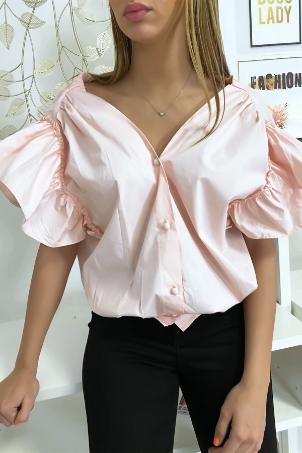 Blouse chemise rose boutonnés à l'avant  avec volant aux manches et fronce aux épaules - 2