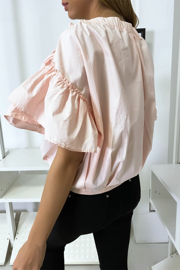 Blouse chemise rose boutonnés à l'avant  avec volant aux manches et fronce aux épaules - 4