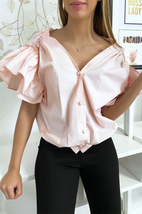 Blouse chemise rose boutonnés à l'avant  avec volant aux manches et fronce aux épaules - 6