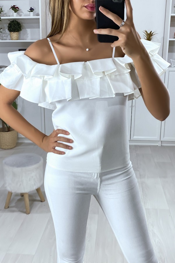 Blouse blanche col bateau avec volant en forme de plis - 1