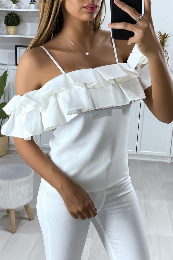 Blouse blanche col bateau avec volant en forme de plis - 3