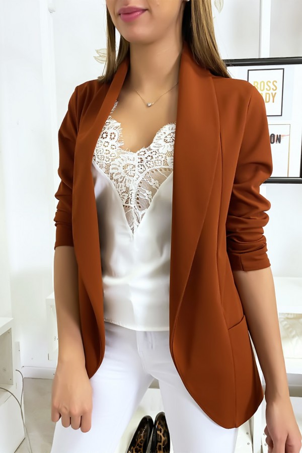 Veste Blazer cognac col châle avec poches. Blazer femme 1526 - 1