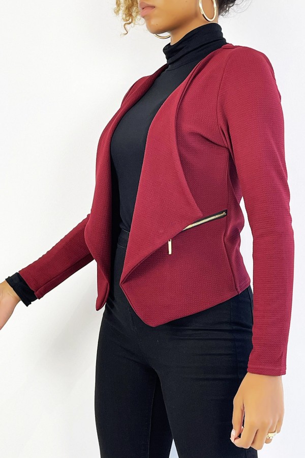 Blazer bordeaux col revers avec poches à zip. Blazer femme pas cher - 1