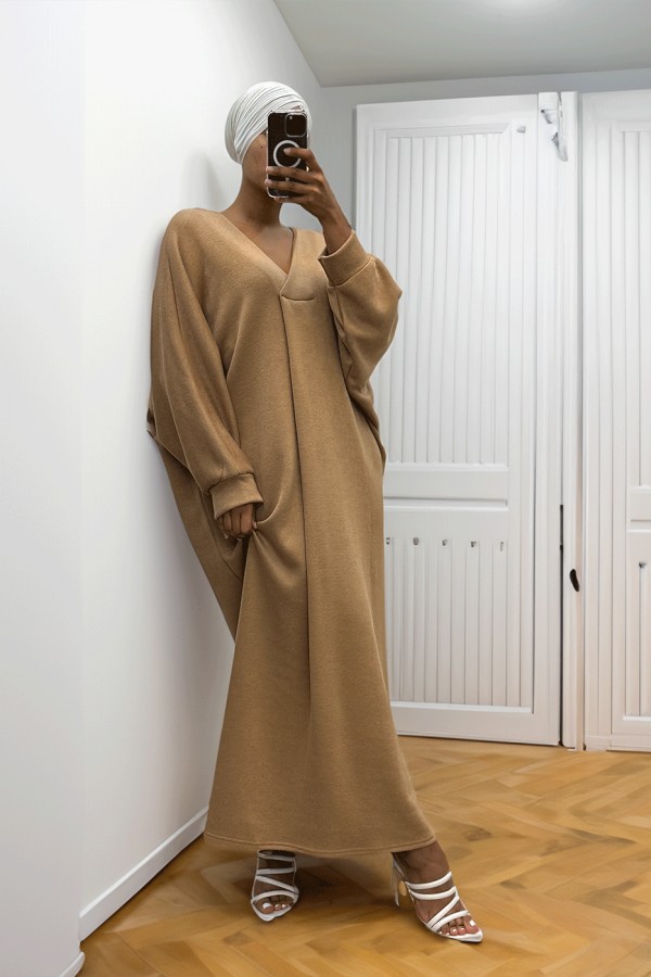 Longue robe pull over size col V Camel  - 2