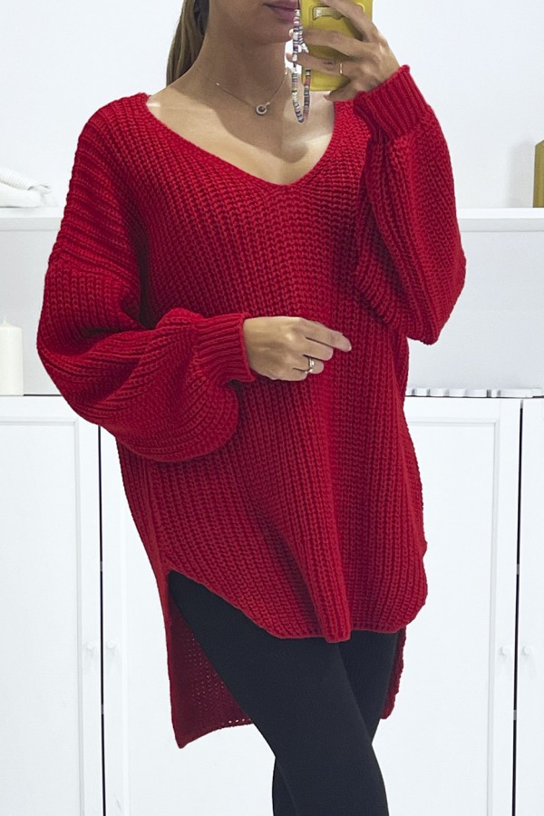 Pull rouge asymétrique en tricot à col v et manches bouffantes, ultra doux - 2