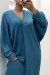 Lange Strickpullover-Kleid mit V-Ausschnitt in Entenblau - Größe. | 21,18 € | OKKO MODE