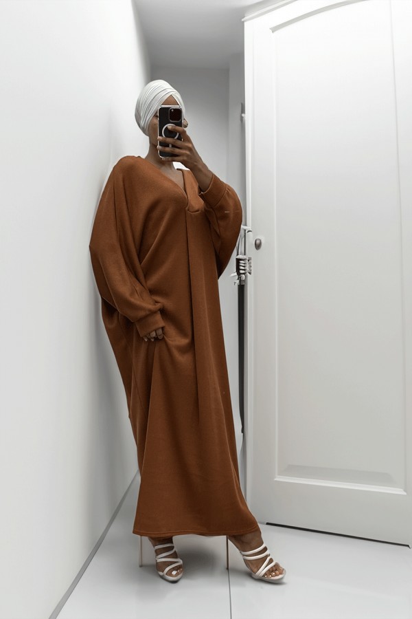 Longue robe pull over size col V cognac  - 3