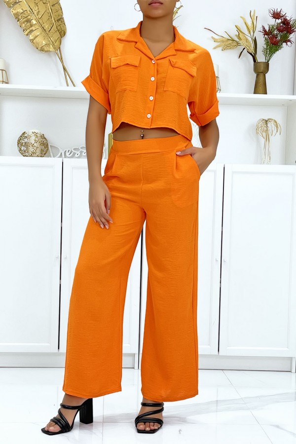 Ensemble chemise saharienne et pantalon palazzo orange - 4