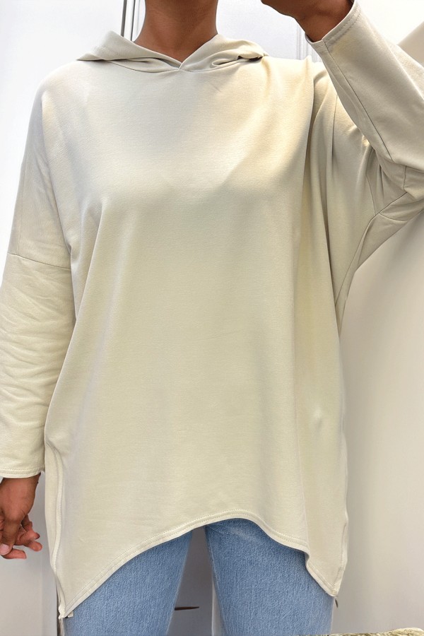 Sweat beige à capuche style asymétrique et loose avec fermeture sur le côté - 4