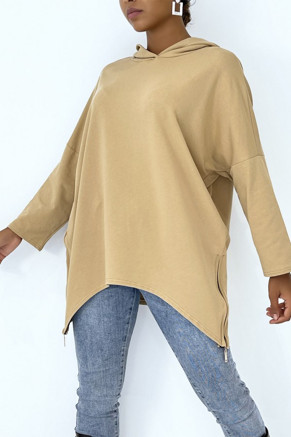 Sweat camel à capuche style asymétrique et loose avec fermeture sur le côté - 2