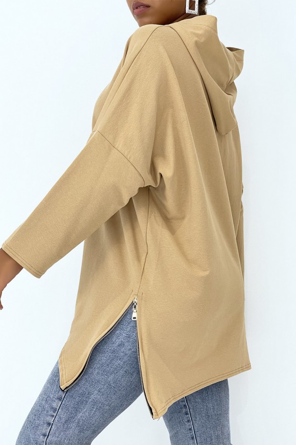 Sweat camel à capuche style asymétrique et loose avec fermeture sur le côté - 3