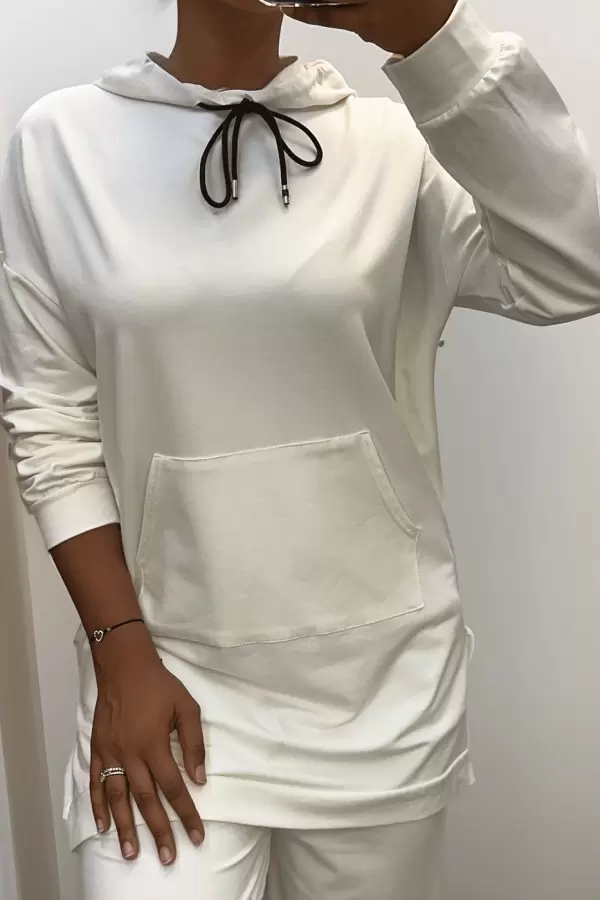 Long sweat à capuche blanc avec poches en coton