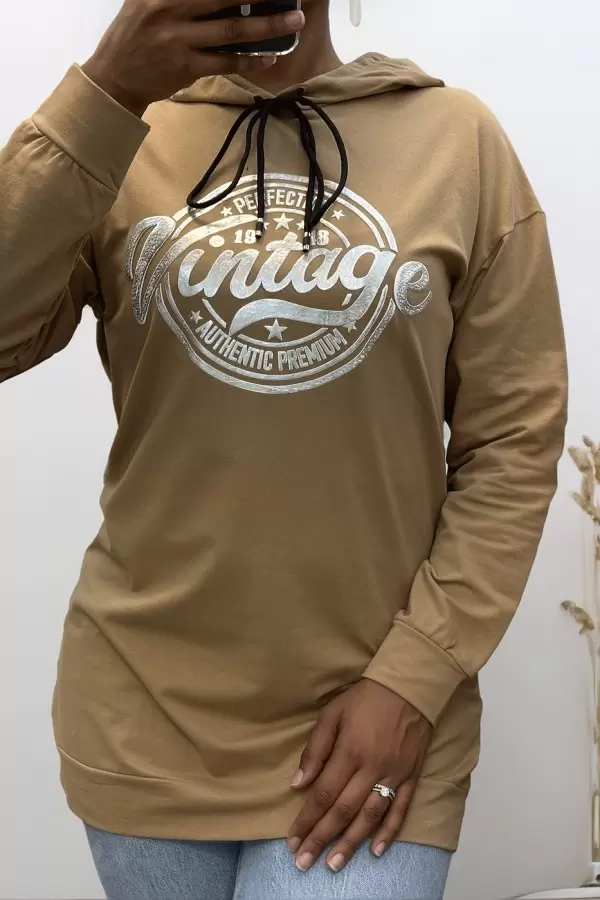 Sweat à capuche camel avec écriture VINTAGE à lavant