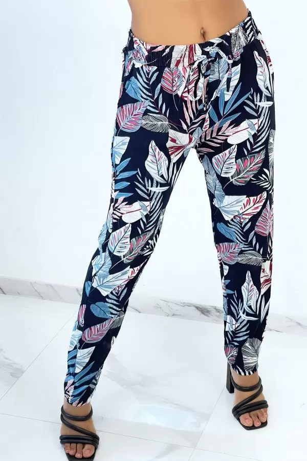 Pantalón fluido estampado plumas multicolor