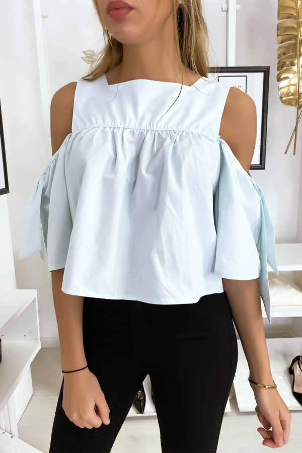 Blouse crop top bleu avec noeuds - 1