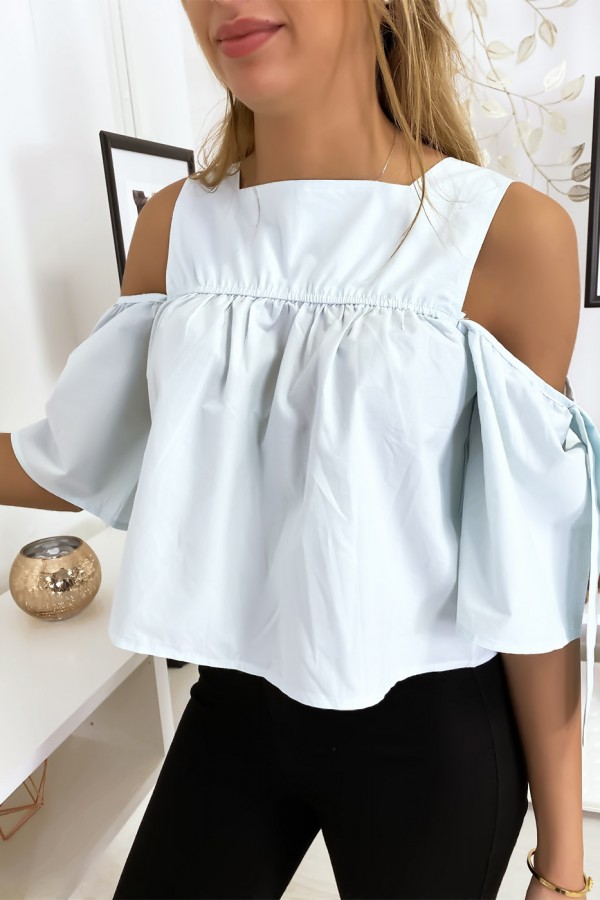 Blouse crop top bleu avec noeuds - 3