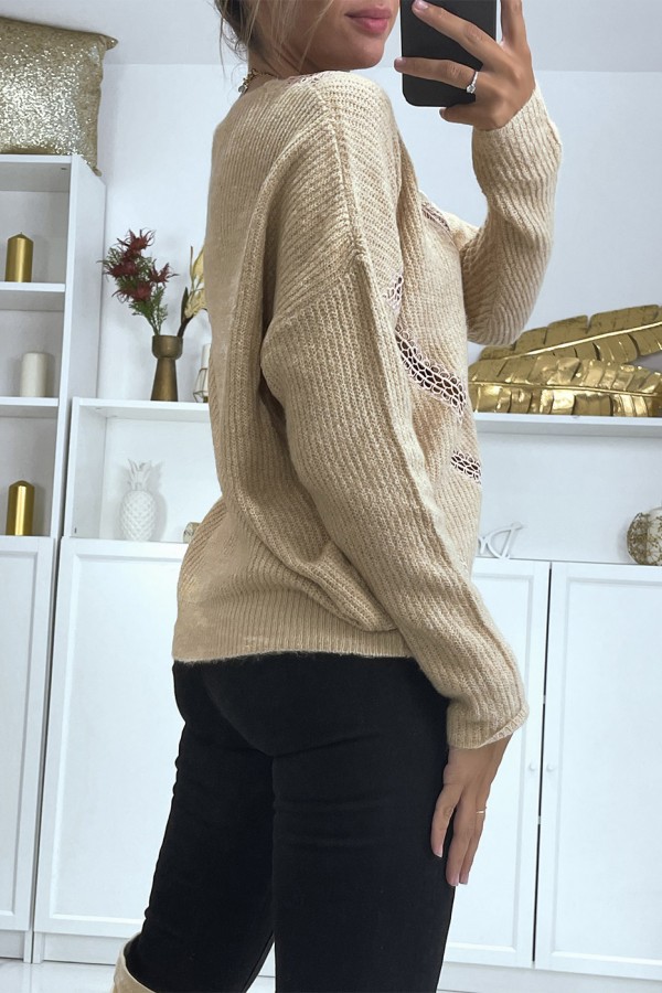 Pull col V en taupe over size avec dentelle dans une belle matière douce - 4