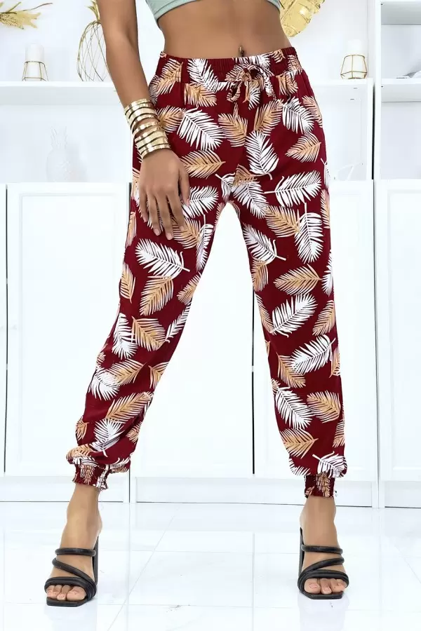 Pantalón elástico bordeaux con estampado de hojas - Talla y tobillos ajustables