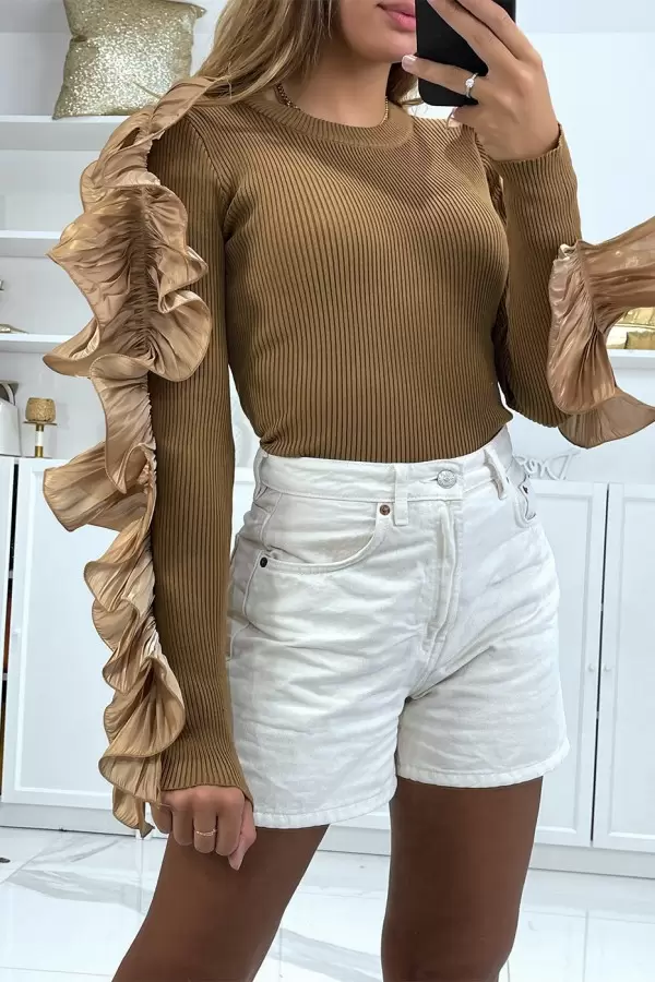 Brown Ribbed Ruffle Sleeve Pullover