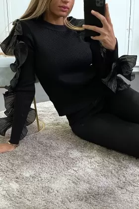 Joli pull moutarde épaules bombé style motard avec perles | 14,42 $ | OKKO MODE