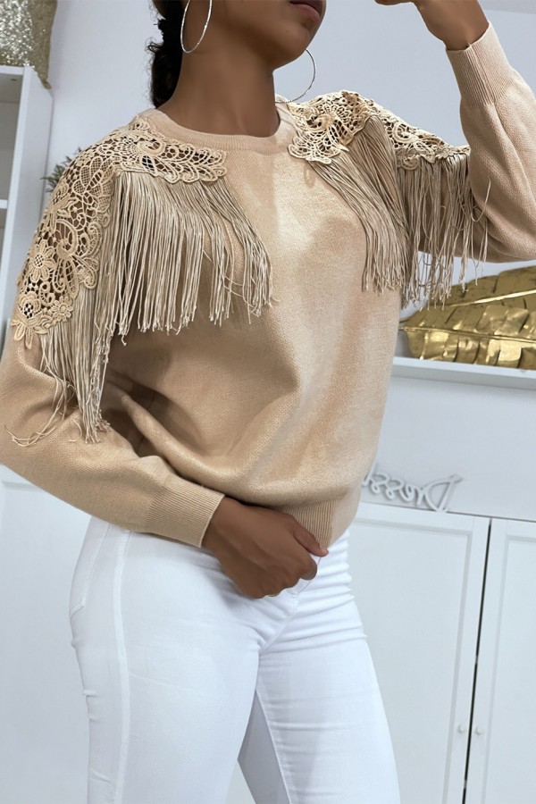 Pull taupe à dentelle et franges - 2