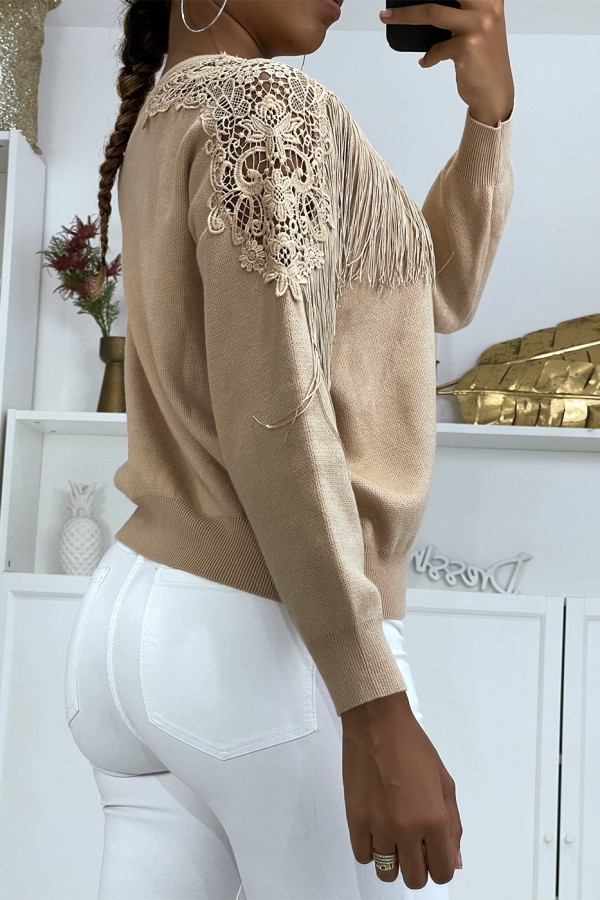 Pull taupe à dentelle et franges - 3