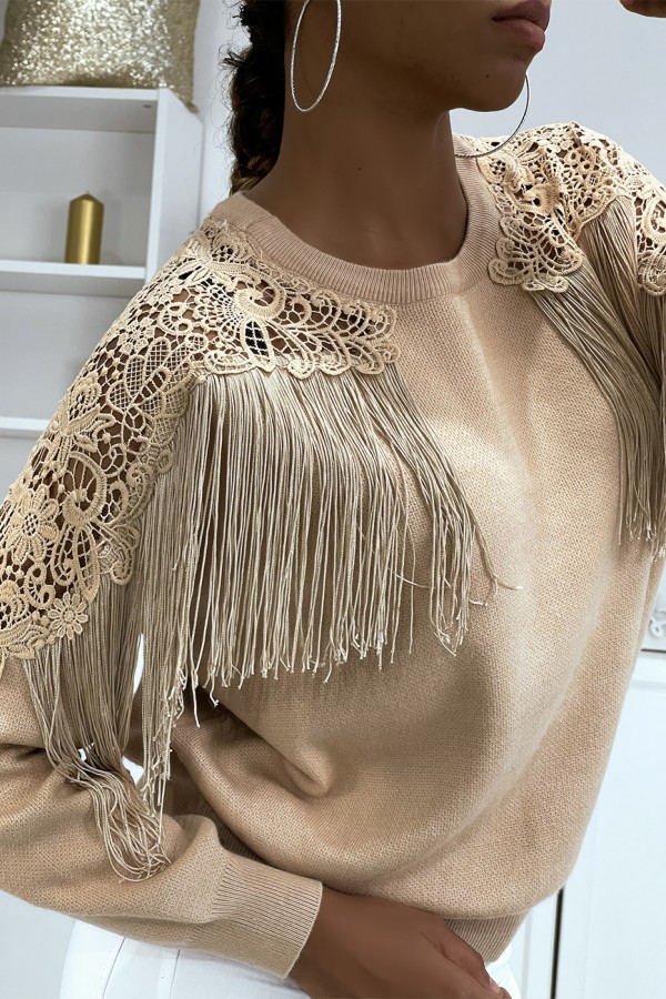 Pull taupe à dentelle et franges - 4