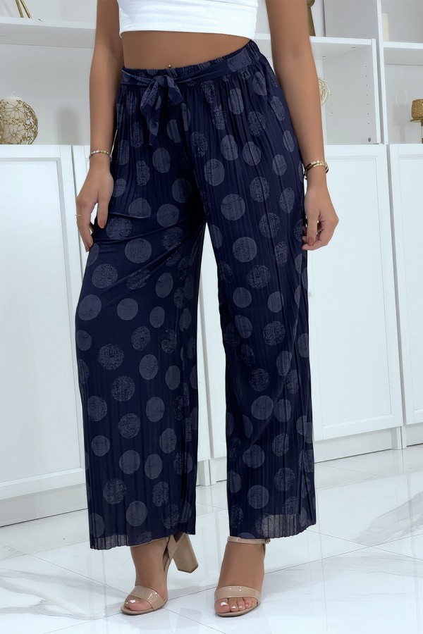 Pantalon palazzo plissé marine avec motif - 2