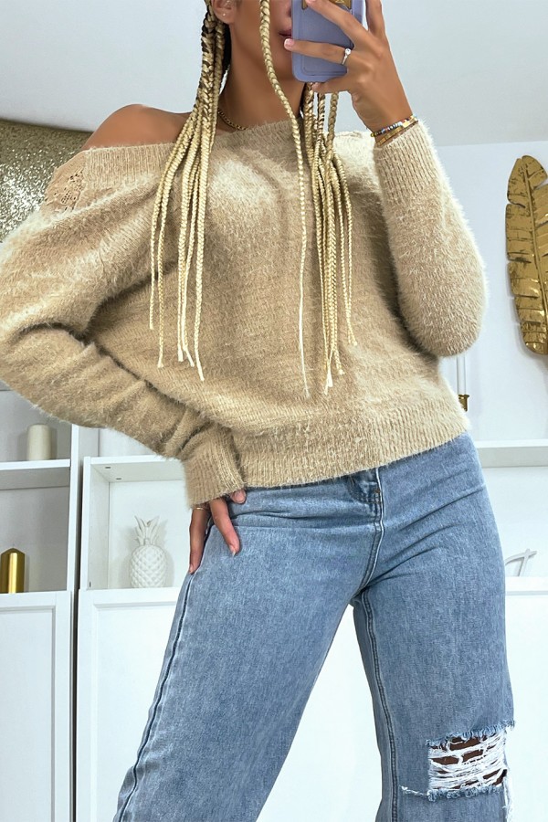 Pull duveteux beige à dos nu et détails dentelle - 2