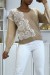 Beige V-Neck Sweater with White Lace Pattern | $10.92 | OKKO MODE