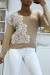 Beige V-Neck Sweater with White Lace Pattern | $10.92 | OKKO MODE
