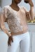 Suéter rosa pastel con cuello en V y detalle de encaje blanco | 10,92 $ | OKKO MODE