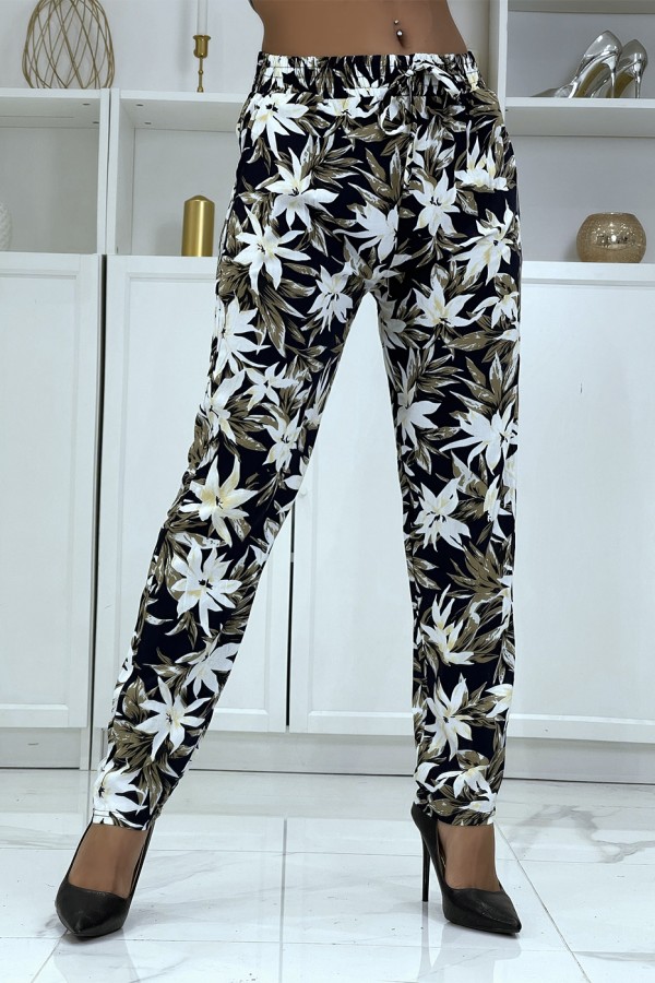 Pantalon fluide marine à motif floral B-10 - 1