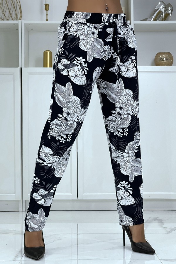 Pantalon fluide marine à motif floral B-47 - 1