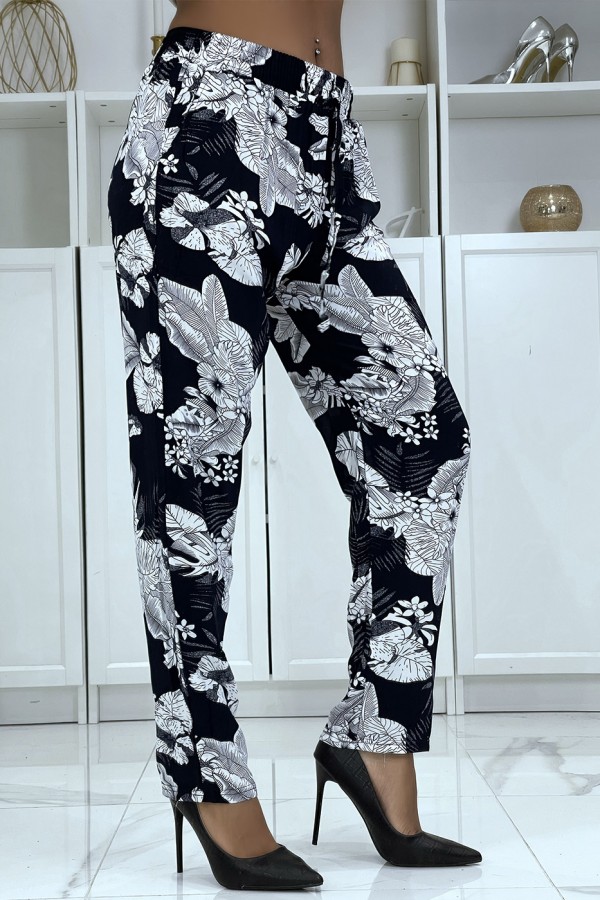 Pantalon fluide marine à motif floral B-47 - 2