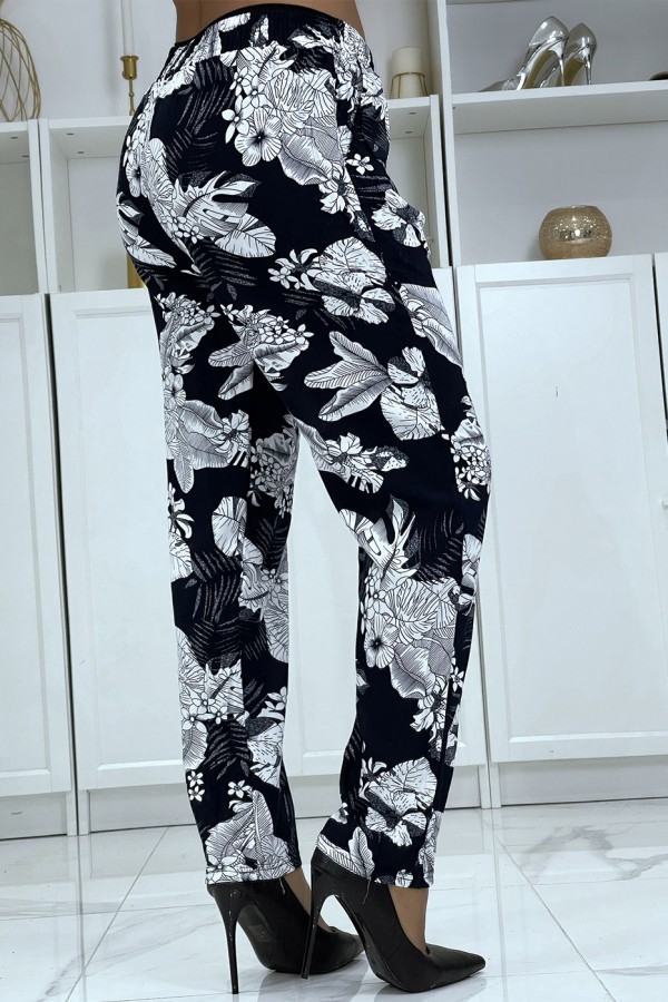 Pantalon fluide marine à motif floral B-47 - 3