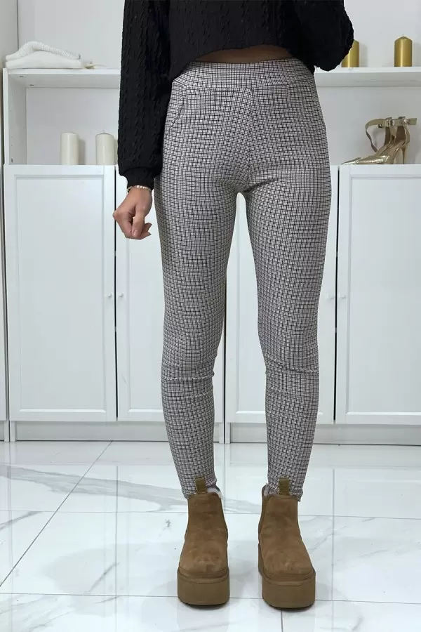 Pantalon slim beige extensible à motif pied de poule - 2