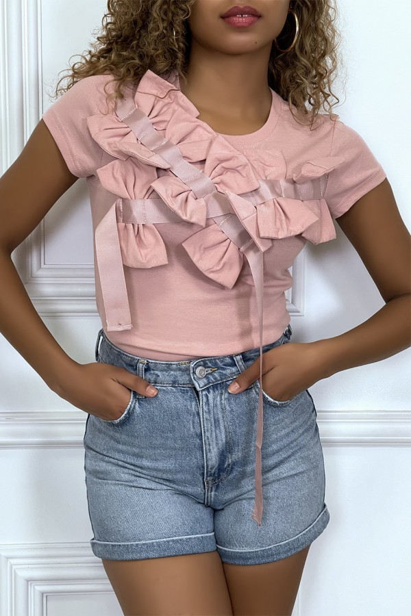 T-shirt rose manches courtes, avec des noeuds - 1