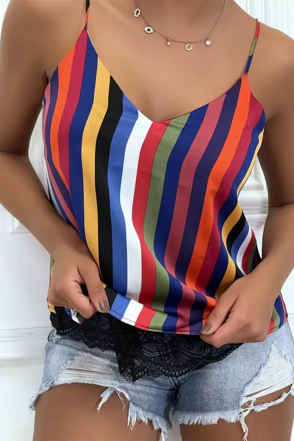 Caraco multicolor, fines bretelles et dentelle en bas - Must-have tendance & féminin