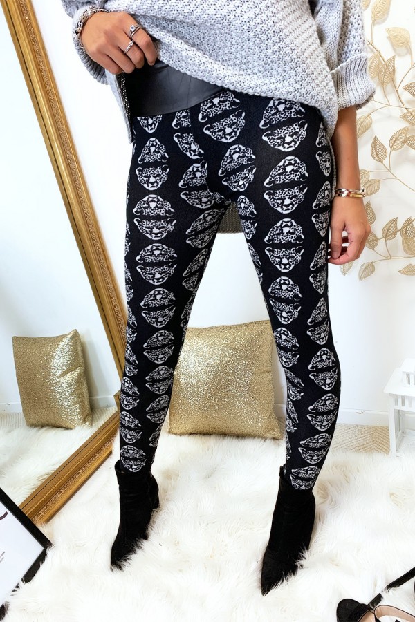 Legging d'hiver noir avec motifs tête de panthère en blanc. Style fashion. - 9